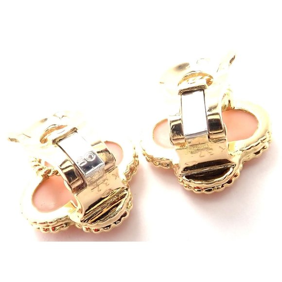Van Cleef & Arpels Vintage Alhambra 18k Yellow Gold Angel Skin Coral Earrings - Picture 4 of 12